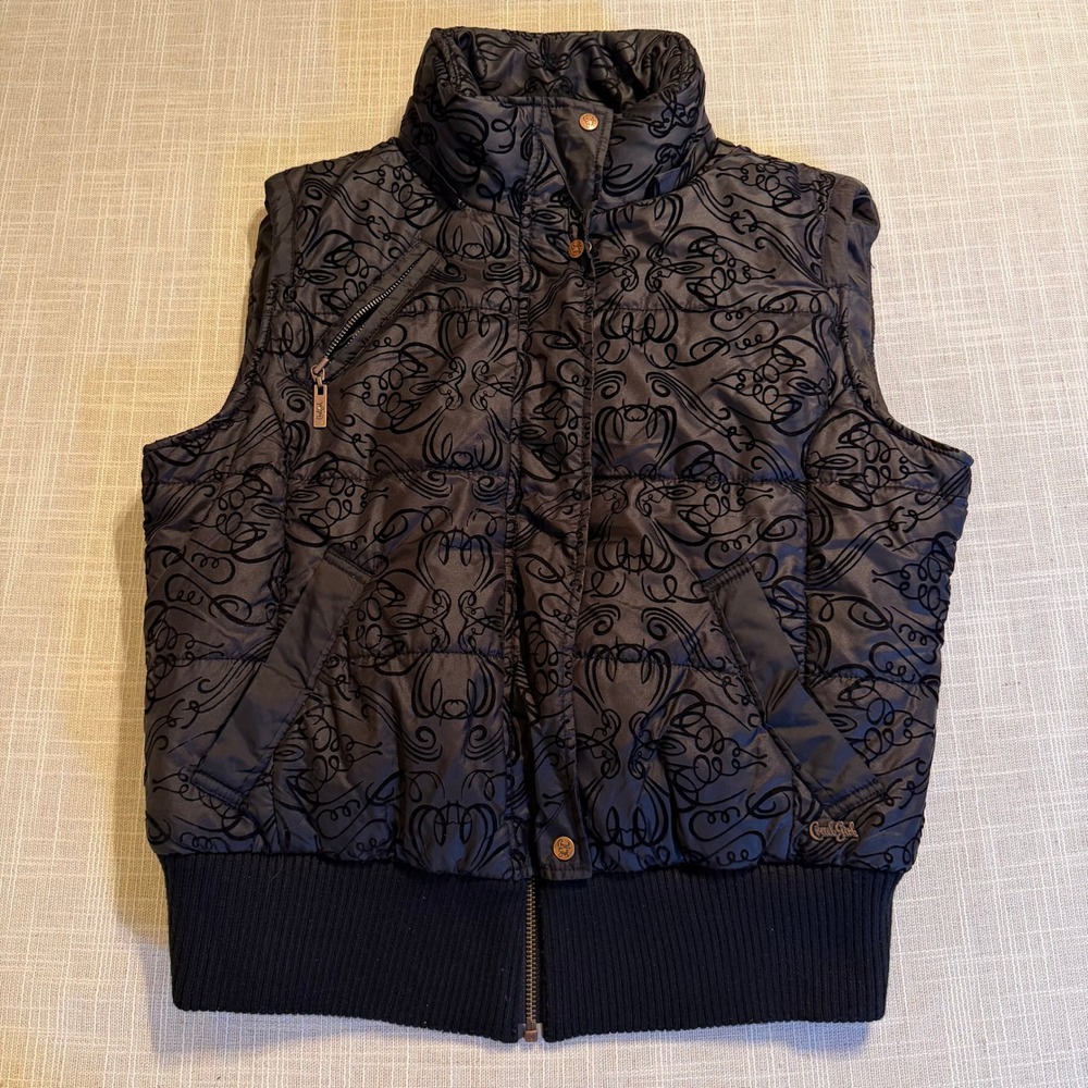 Cruel Girl Womens Puffer Vest Black Flocked Scroll Velvet Grey Large RN 17901